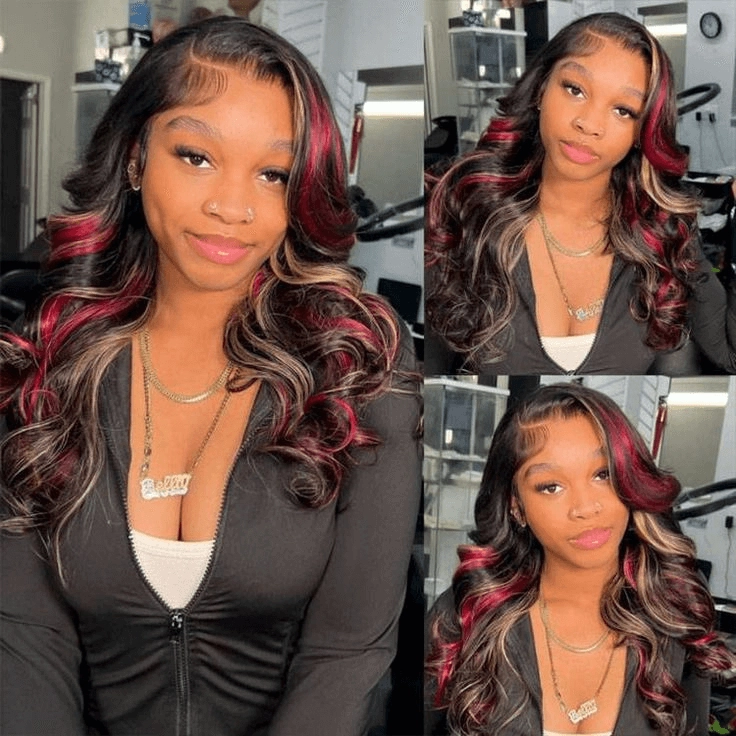 Tuneful Glueless Blonde With Red Highlights Colored 13x6 6x5 Lace Front Closure Body Wave Wig