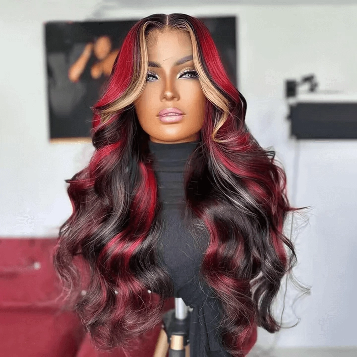 Tuneful Glueless Blonde With Red Highlights Colored 13x6 6x5 Lace Front Closure Body Wave Wig