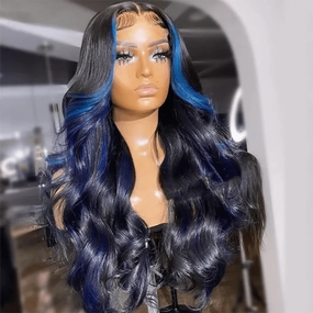 Tuneful Glueless Blue Highlights Colored 13x6 6x5 Lace Front Closure Body Wave Wig