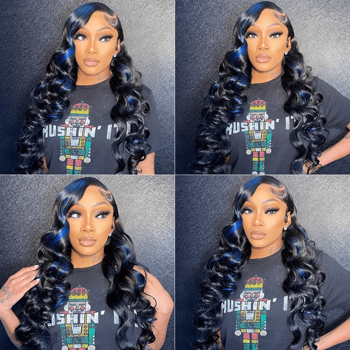 Tuneful Glueless Blue Highlights Colored 13x6 6x5 Lace Front Closure Body Wave Wig