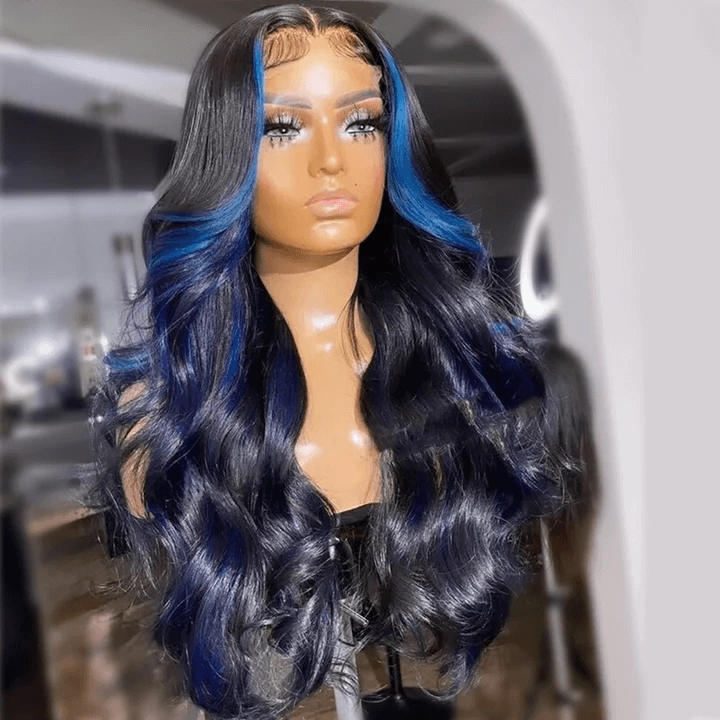 Tuneful Glueless Blue Highlights Colored 13x6 6x5 Lace Front Closure Body Wave Wig