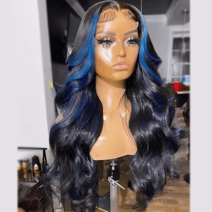 Tuneful Glueless Blue Highlights Colored 13x6 6x5 Lace Front Closure Body Wave Wig