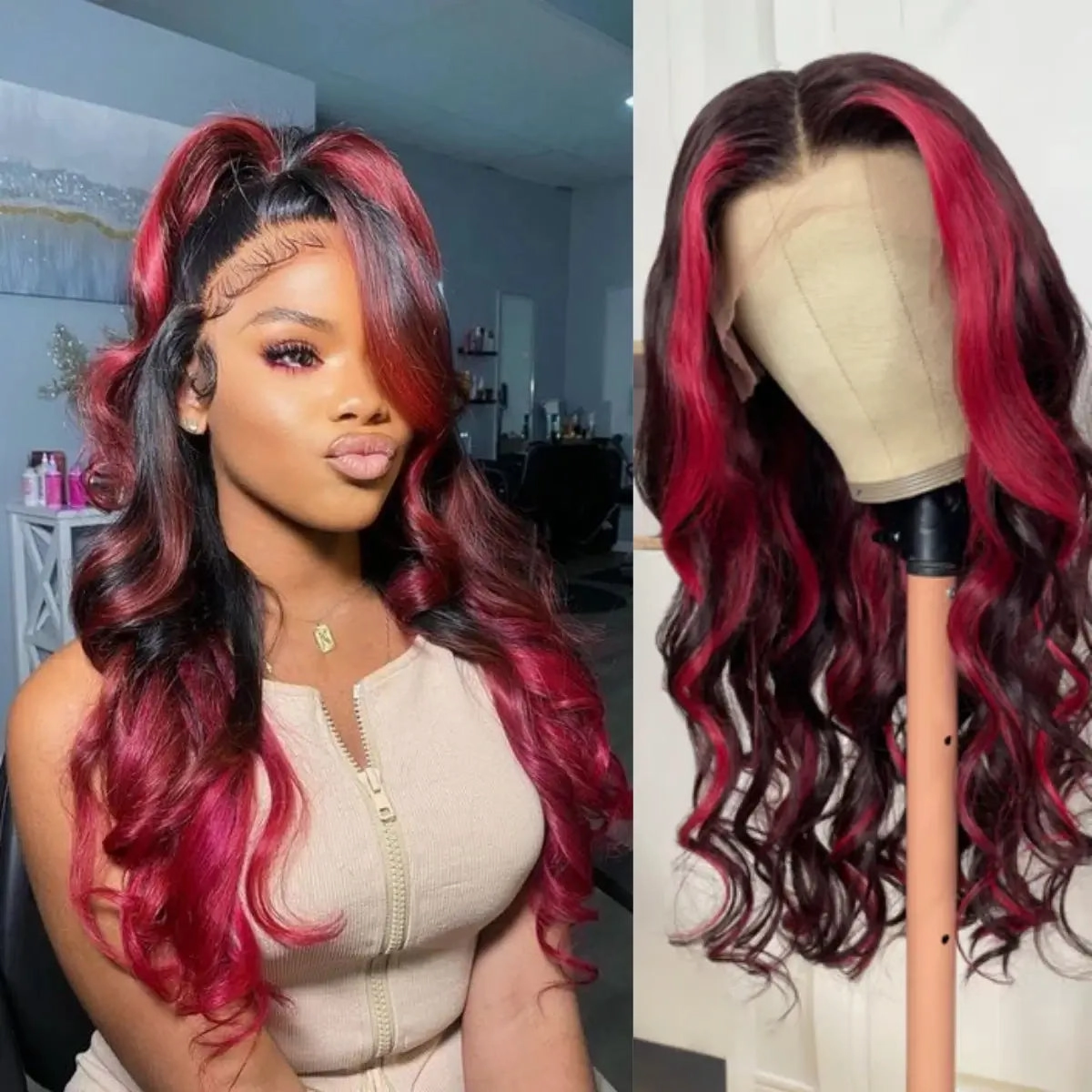 Tuneful Glueless Ombre Red Highlights Color 13x6 5x5 6x5 Lace Frontal Closure Loose Wave 180% Density Wig