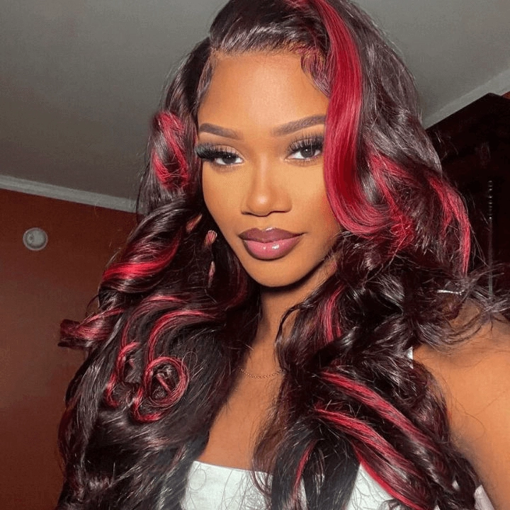Tuneful Glueless Ombre Red Highlights Color 13x6 5x5 6x5 Lace Frontal Closure Loose Wave 180% Density Wig