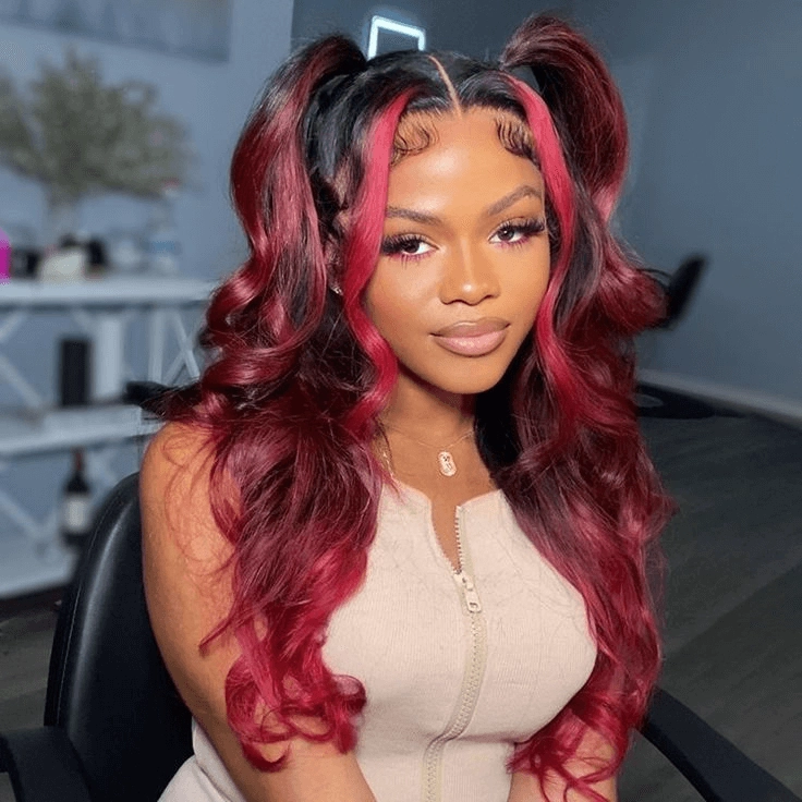 Tuneful Glueless Ombre Red Highlights Color 13x6 5x5 6x5 Lace Frontal Closure Loose Wave 180% Density Wig