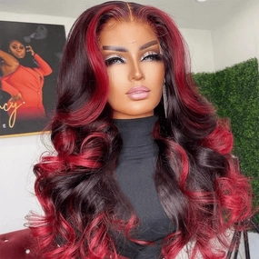 Tuneful Glueless Ombre Red Highlights Color 13x6 5x5 6x5 Lace Frontal Closure Loose Wave 180% Density Wig
