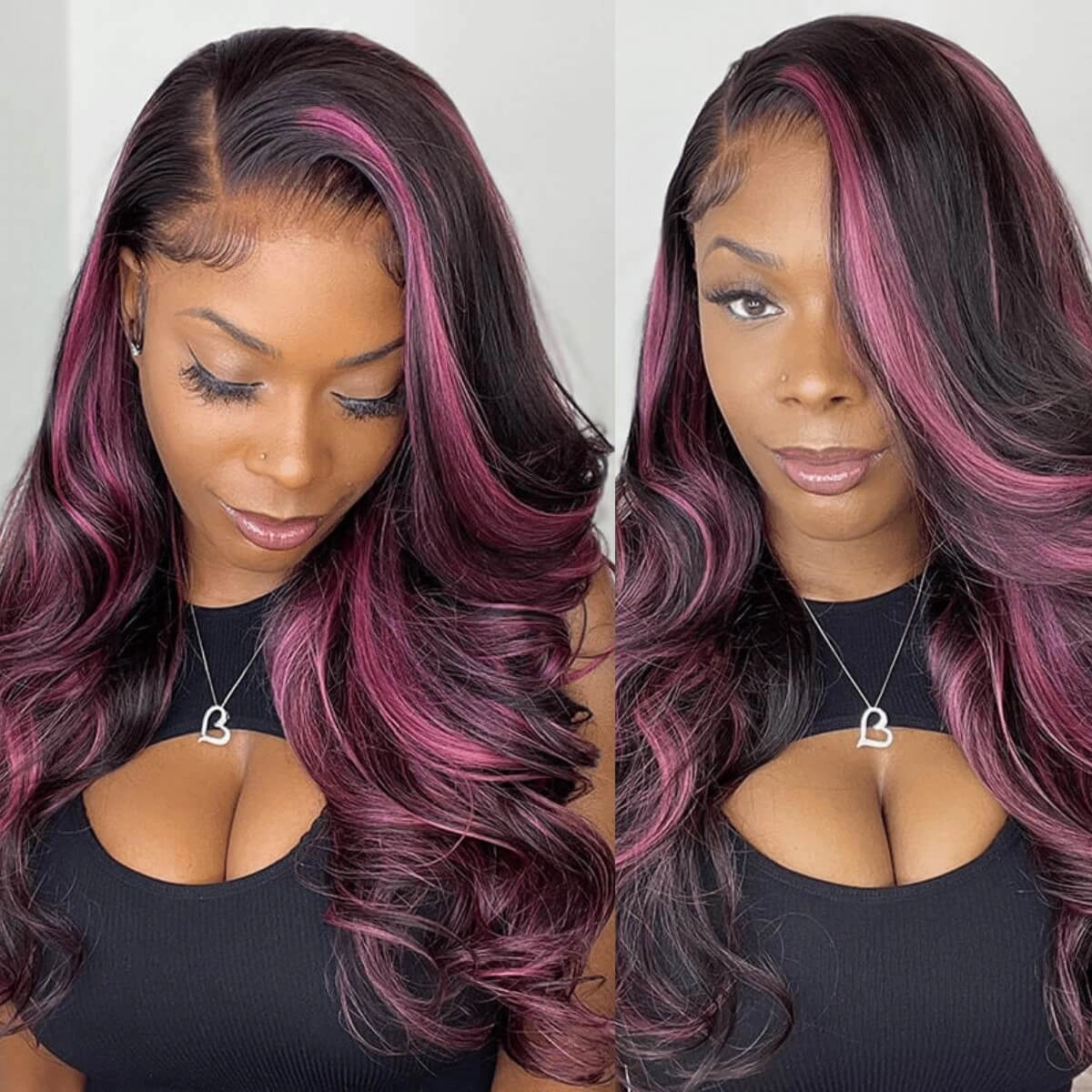 Tuneful Glueless Purple Pink Highlight Colored 13x6 5x5 6x5 Lace Front Closure Human Hair Wig 180% Density