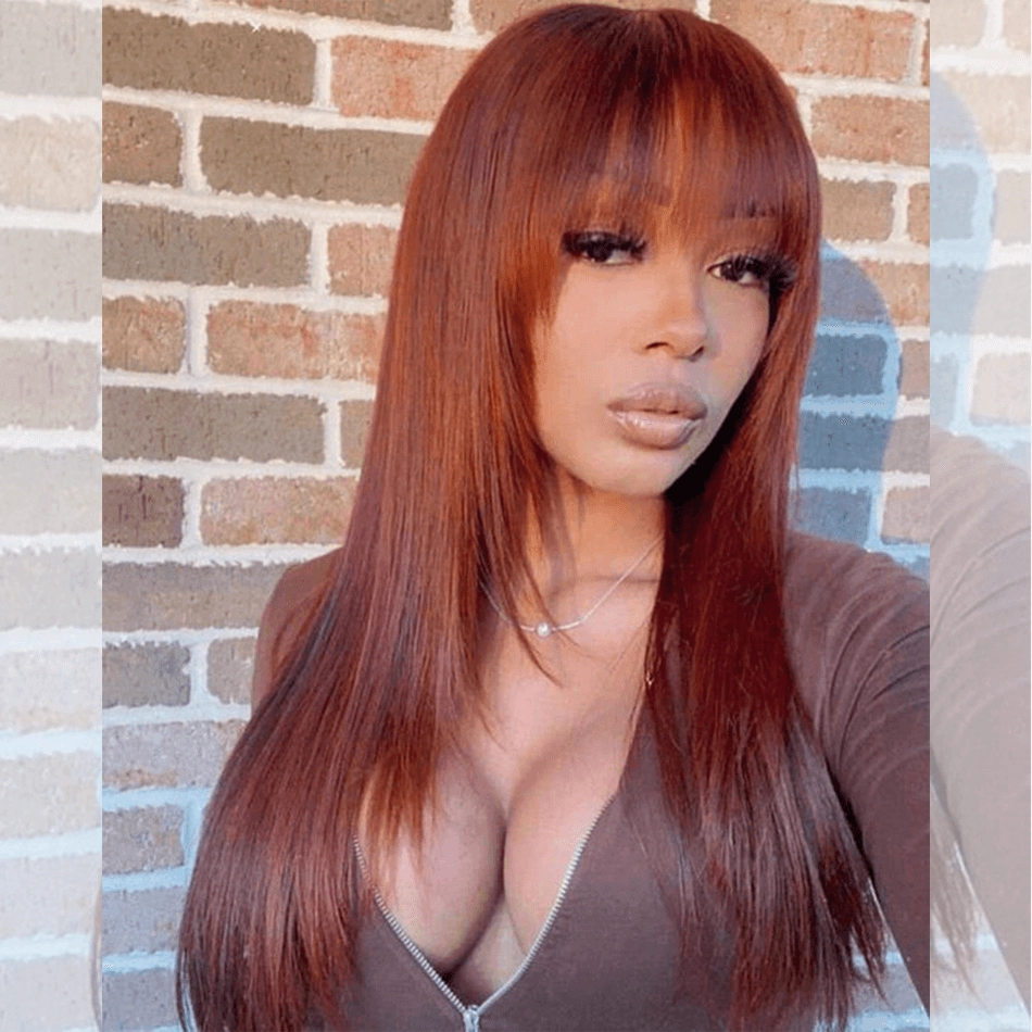Tuneful Layered Cut With Bang Auburn Colored Glueless Human Hair Wig