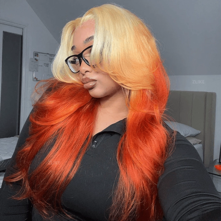 Tuneful Special Customise Blonde Orange Ombre Colored 13x6 Transparent Lace Frontal Wigs 250% Density
