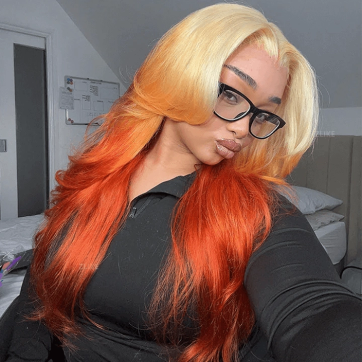 Tuneful Special Customise Blonde Orange Ombre Colored 13x6 Transparent Lace Frontal Wigs 250% Density