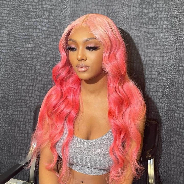 Tuneful Special Customise Ombre Pink Colored 13x6 Lace Front Human Hair 613 Frontal Wigs 250% Density