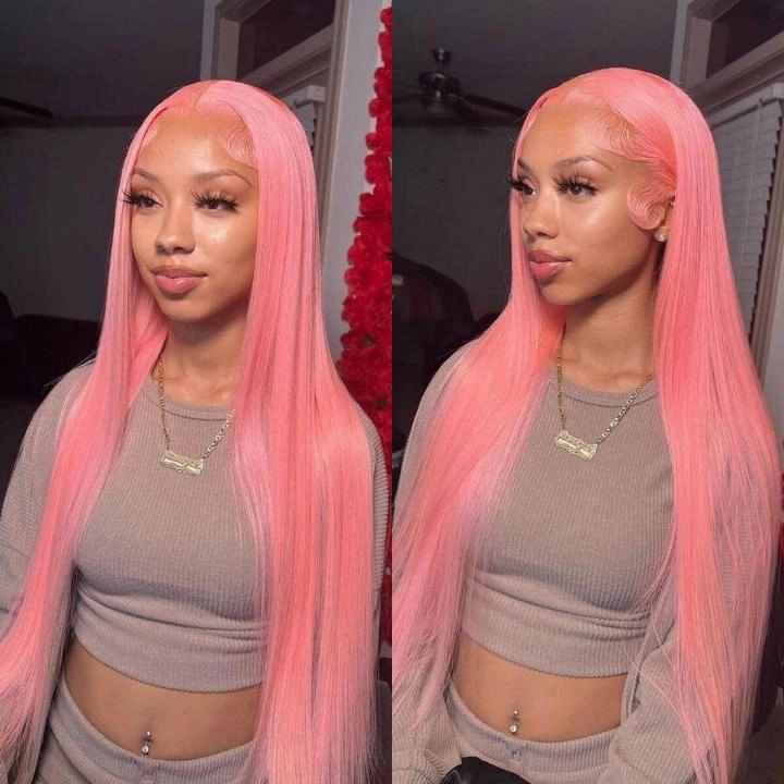 Tuneful Special Customise Pink Colored 13x6 HD Lace Front Human Hair 613 Frontal Wigs 250% Density