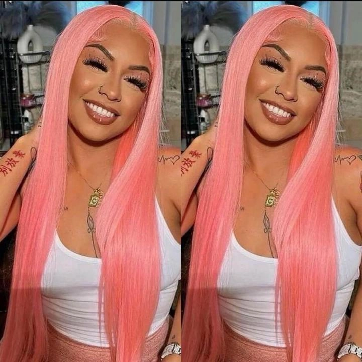 Tuneful Special Customise Pink Colored 13x6 HD Lace Front Human Hair 613 Frontal Wigs 250% Density