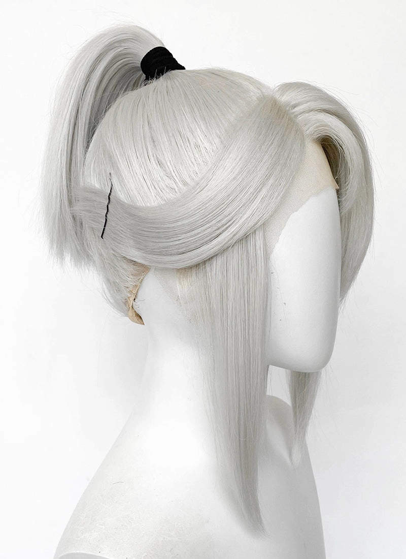 Valorant Jett Silver Grey Straight Yaki Lace Front Synthetic Wig With Ponytail LF6118