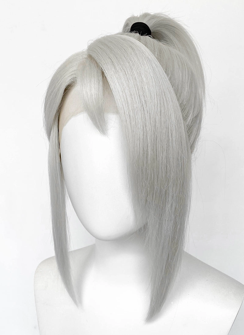 Valorant Jett Silver Grey Straight Yaki Lace Front Synthetic Wig With Ponytail LF6118