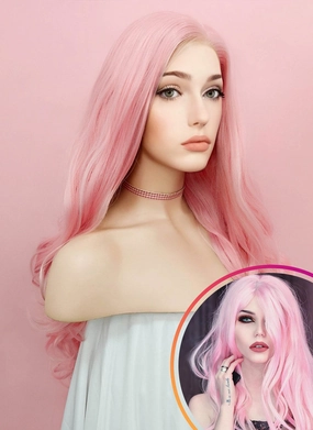 Wavy Pastel Pink Lace Front Synthetic Wig LF084